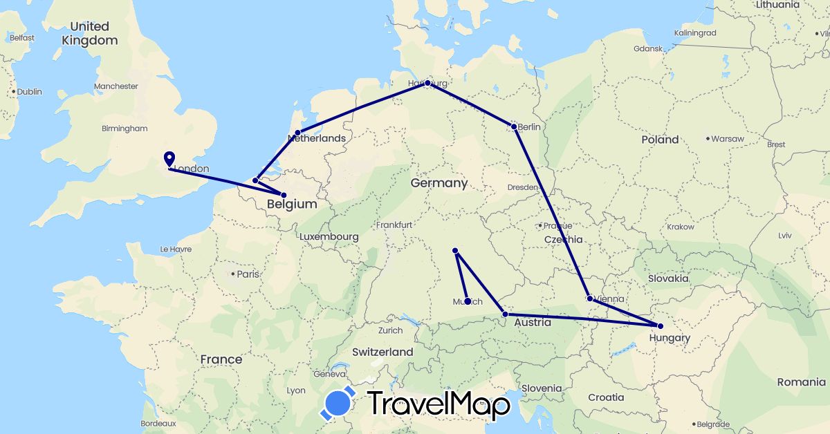 TravelMap itinerary: driving in Austria, Belgium, Germany, United Kingdom, Hungary, Netherlands (Europe)